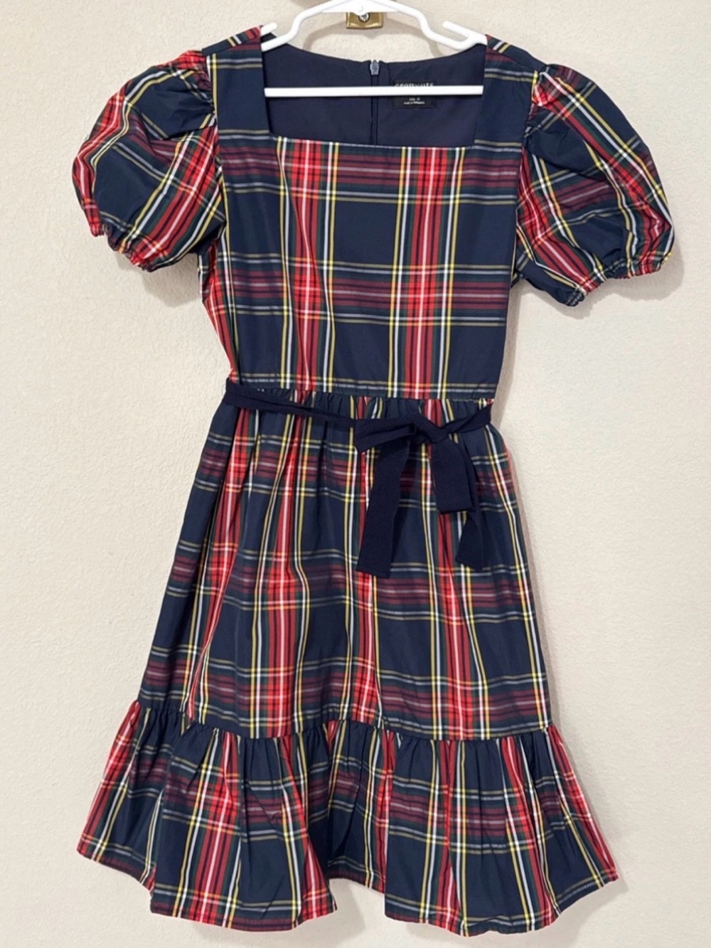 Girls Navy Red Plaid Puff-Sleeve Dress with Belt